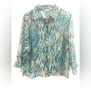 NICOLA Teal Blue Green Sheer Ikat Button-Up Blouse